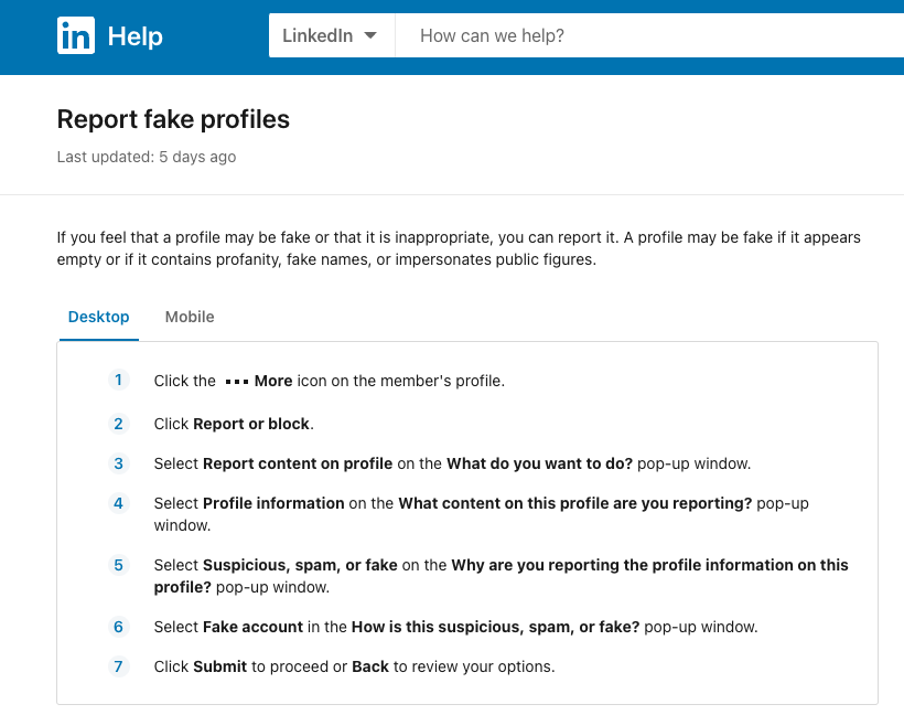 LinkedIn's Fight Against Fake Profiles help screenshot