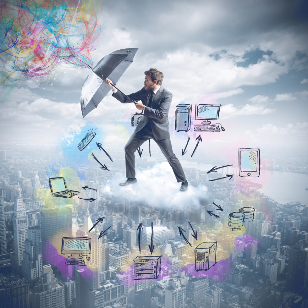 man in business suit holding an opened umbrella using as a weapon a protection of cloud security for small businesses