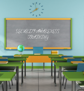 classroom with security awareness training on the chalkboard