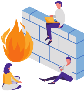 graphic image of cartoon people sitting on or a round a wall with a fire.Depicting human firewall and cyber security awareness
