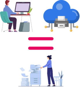 graphic showing a home worker with a cloud and printer an equals icon with a person and an office printer illustrating Microsoft universal print