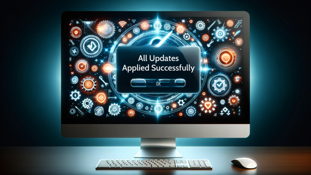 Computer screen showing a cheerful notification of successful software updates with gears and arrows icons. A digital calendar in the background hints at a weekly reminder for manual checks.