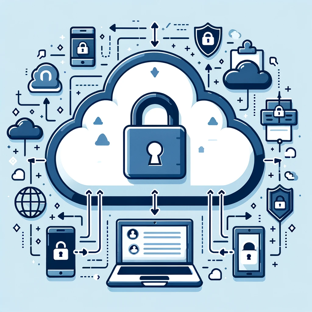 Illustration of a cloud with a padlock on it, representing secure cloud storage. Below the cloud, there are icons of various devices like a laptop, tablet, and smartphone, all connected to the cloud. On the side, there are arrows indicating secure file sharing, and another section showing role-based access controls with different user icons having varying levels of access.