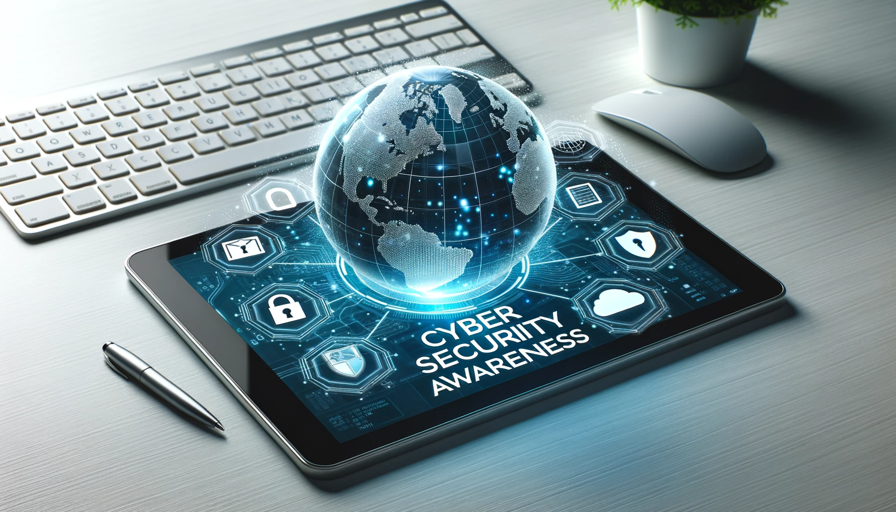 Photo of a digital globe hovering above a tablet in a 1920x1080 resolution. The globe is surrounded by various cybersecurity icons such as a shield, padlock, firewall, and cloud. On the tablet screen, there's a title 'Cyber Security Awareness'. The background is a clean, modern desk with a keyboard and mouse, giving a professional and tech-savvy ambiance.