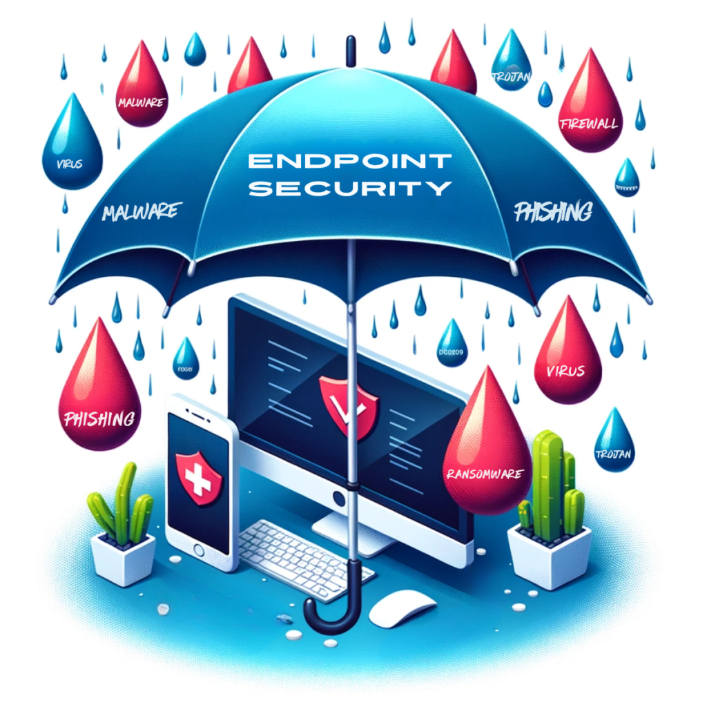 illustration showcasing the concept of  the importance of cyber security awareness training and "Endpoint Security." It symbolizes the protection of computers and smartphones from various threats, using the metaphor of an umbrella shielding against harmful elements
