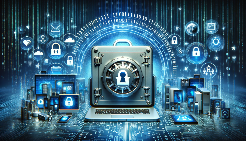 A featured image for a blog post about the importance of password managers in enhancing cybersecurity. The image should depict a digital landscape, with a large, secure vault symbolizing a password manager. In the foreground, there should be digital representations of various online accounts and services, like email, social media, and banking, each with a unique, complex password depicted as a series of asterisks or encrypted characters. The background should have a cyber theme, with binary code and digital elements. The overall feel should be modern, secure, and related to online safety.