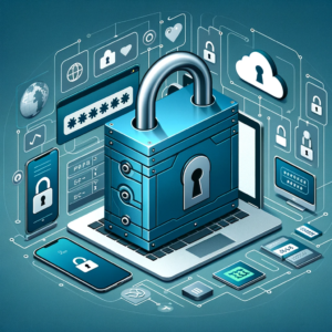 A small image for a blog about password managers enhancing cybersecurity. The image should show a simplified digital lock or vault, representing a password manager, against a background of various digital icons like a laptop, smartphone, and cloud symbol, indicating different platforms where passwords are used. The lock should be depicted as robust and secure, with a modern, digital appearance. The color scheme should be a mix of blue and green tones, symbolizing trustworthiness and security in the digital world. The overall theme should be technology, security, and simplicity.