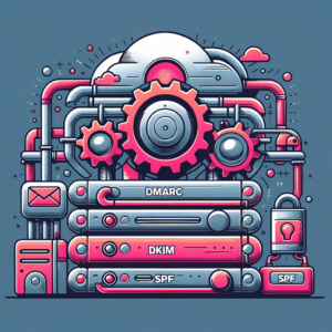 Create a modern, professional illustration representing a domain authentication machine showing DMARC, DKIM, and SPF functioning as one. Use a color scheme that prominently features #e5006b (a vibrant pink) and #49585C (a muted grey). The design should embody a sense of security, reliability, and technological sophistication, aligning with the brand identity.