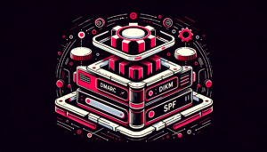 Create a modern, professional wide-format illustration representing a domain authentication machine showing DMARC, DKIM, and SPF functioning as one. Use a color scheme that features #e5006b (a deep red-pink) and either black or white for contrast. The design should embody a sense of security, reliability, and technological sophistication, aligning with the brand identity.