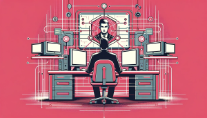 A modern, high-quality vector image representing remote monitoring and management in IT, using the primary colors #e5006b (reddy pink) and grey #49584C. The image should depict a visual metaphor of a person remotely overseeing a network of computers, symbolizing control and security. The design should be simple, not overly technical, and cater to a business audience. The image should not contain any text or overly complex technical imagery, ensuring it's accessible to a non-tech-savvy audience.