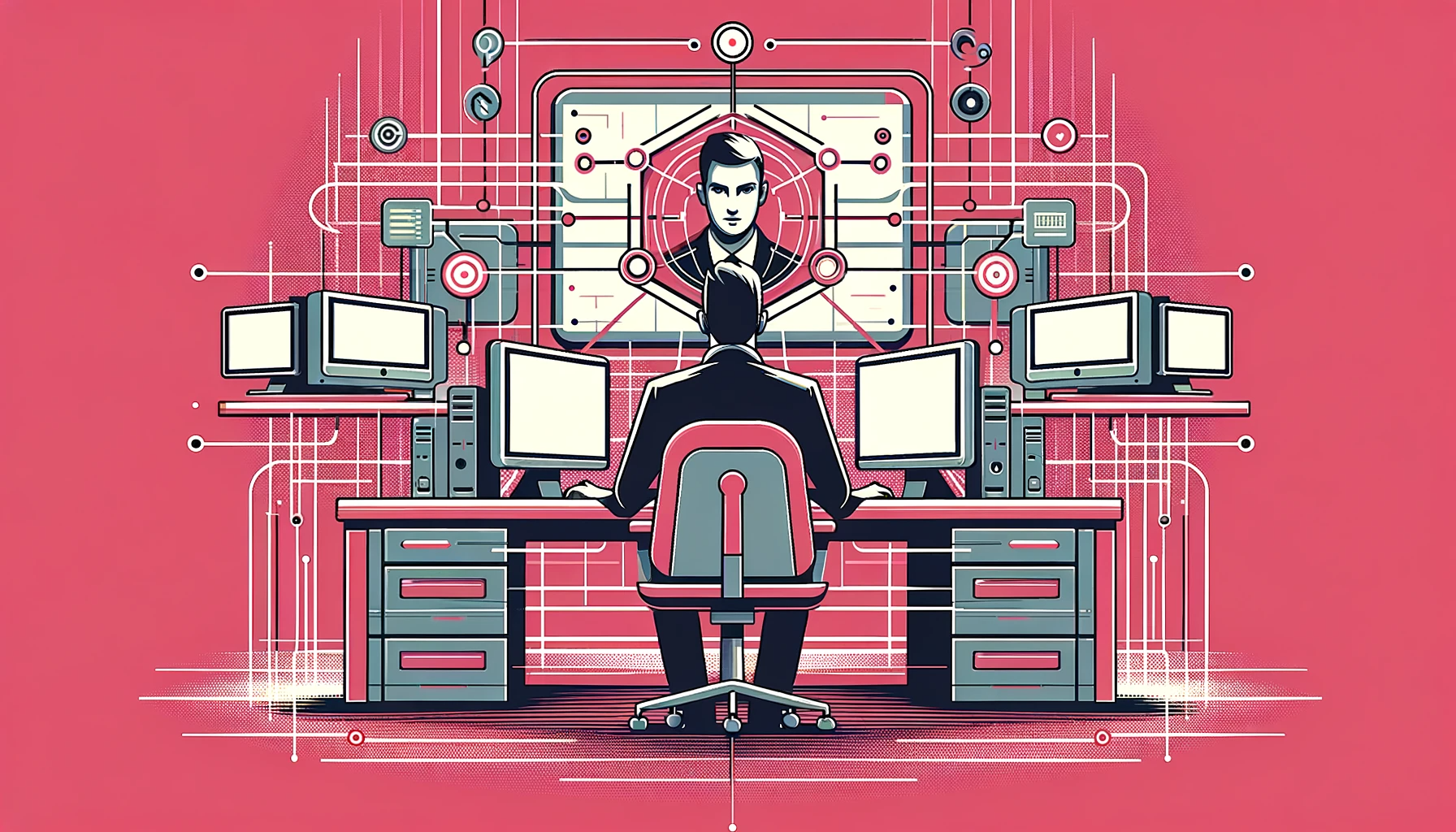 A modern, high-quality vector image representing remote monitoring and management in IT, using the primary colors #e5006b (reddy pink) and grey #49584C. The image should depict a visual metaphor of a person remotely overseeing a network of computers, symbolizing control and security. The design should be simple, not overly technical, and cater to a business audience. The image should not contain any text or overly complex technical imagery, ensuring it's accessible to a non-tech-savvy audience.