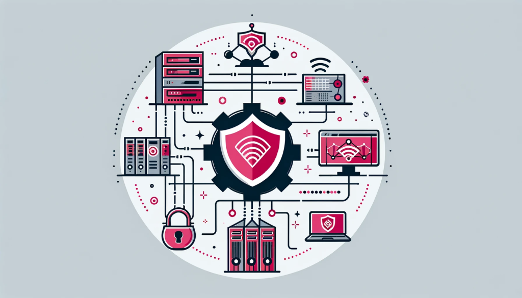 Create a vector image illustrating the integration of Remote Monitoring & Management with cybersecurity services at Cache4 IT Solutions, using a color scheme of reddy pink (#e5006b) and grey (#49584C). The image should feature simple, non-technical visuals like a secure network or a shielded device, representing the synergy between RMM and cybersecurity. The design should be straightforward and accessible for a business audience with limited IT knowledge, highlighting the concept of enhanced security and IT management through this integration.