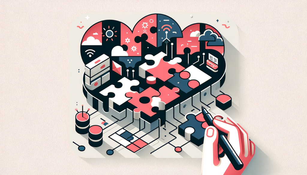 Design a modern, high-quality vector image suitable for the conclusion of a blog post about Remote Monitoring & Management, using the color scheme of reddy pink (#e5006b) and grey (#49584C). The image should convey a sense of completion and success, such as a completed puzzle or a thriving network, symbolizing the effective implementation of RMM in a business context. The design should be simple and non-technical, aligning with the theme of making IT management accessible and beneficial for businesses, particularly for those with limited technical expertise.