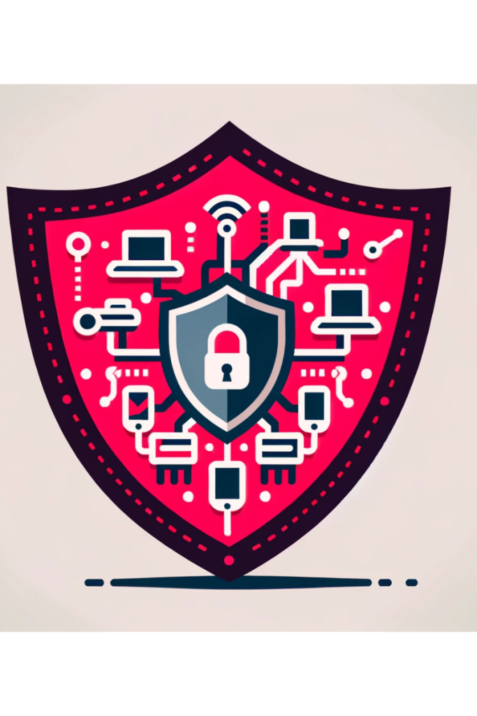 A vector image representing the importance of Remote Monitoring & Management for businesses, using colors #e5006b (reddy pink) and grey #49584C. The image should depict a simplified, non-technical visual metaphor, such as a shield protecting a network of devices, to symbolize the protective aspect of RMM. The design should be straightforward and accessible, appealing to a business audience that may not have deep technical knowledge. The focus should be on conveying the idea of RMM as a crucial, safeguarding tool in the modern business environment.