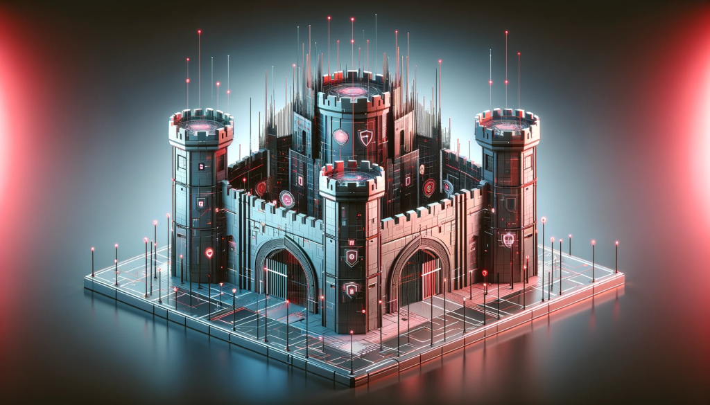 A digital fortress symbolizing Cyber Security for Remote Workers. The fortress is depicted as a modern, sleek digital structure with high walls, sophisticated gates, and advanced security systems. It should appear formidable and impregnable, representing the strength of cyber security measures. The color scheme should primarily use shades of red/pink (E5006b) and grey (49585C), with a futuristic and professional look. The image should be in a landscape orientation to serve as the main image for the article.