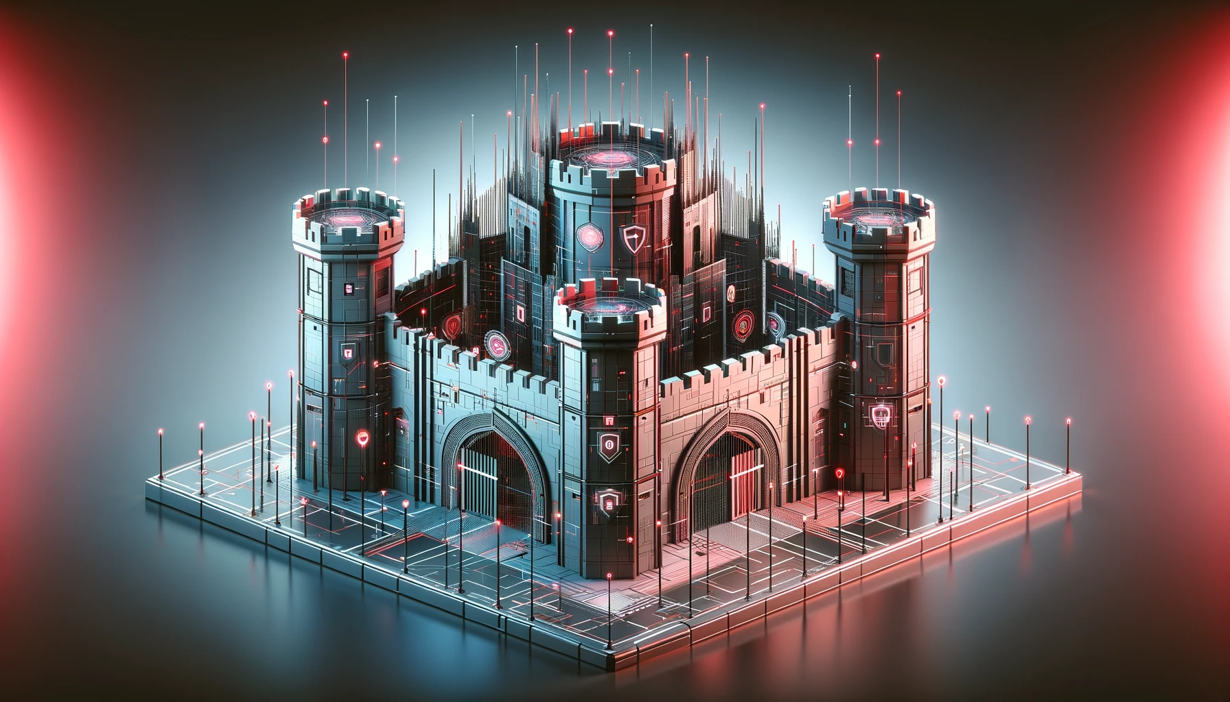 A digital fortress symbolizing Cyber Security for Remote Workers. The fortress is depicted as a modern, sleek digital structure with high walls, sophisticated gates, and advanced security systems. It should appear formidable and impregnable, representing the strength of cyber security measures. The color scheme should primarily use shades of red/pink (E5006b) and grey (49585C), with a futuristic and professional look. The image should be in a landscape orientation to serve as the main image for the article.
