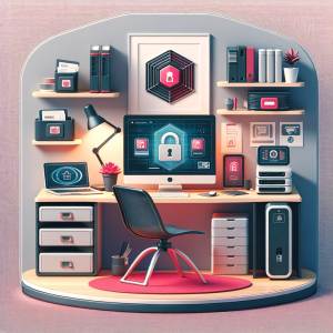 An image of a secure, modern home office setup representing 'Setting Up a Secure Remote Work Environment'. The office should include a laptop with security software on the screen, a secure router, and encrypted storage devices. The environment should look professional, organized, and technology-focused, symbolizing a well-protected remote work setup. The color scheme should incorporate shades of red/pink (E5006b) and grey (49585C) to match the brand colors. This square image will complement the section on secure remote workers environments in the article.