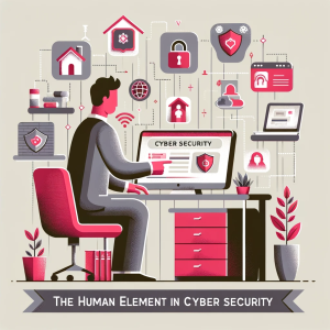 A conceptual image of a person training on cyber security, suitable for 'The Human Element in Cyber Security' section. The image should depict an individual in a home office environment, engaging in an online cyber security training session. The person could be seen interacting with educational content on a computer screen, with icons symbolizing cyber security concepts like encryption, firewalls, and secure passwords around them. The color palette should use red/pink (E5006b) and grey (49585C), aligning with the brand's colors. This square image will visually support the section about training and awareness in cyber security for remote workers.